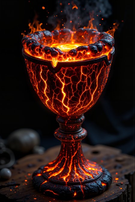 A hyper-realistic portrait, photorealistic photo close-up image of A chalice forged from molten lava, its surface perpetually shifting and flowing like a living, fiery river. The body of the chalice is smooth, with glowing orange and red patterns resembling ancient runes, constantly appearing and disappearing as the lava moves. The rim is edged with a blackened, obsidian-like material that contrasts sharply with the molten liquid within. Inside the chalice, a swirling vortex of liquid fire dances, its heat palpable even from a distance. The base is heavy, with veins of glowing magma coursing through the stone, grounding the otherwise fluid object in the physical world. The chalice stands on a wooden medieval table (photography, high-resolution, dynamic, energetic,hyper-realistic, dramatic lighting, shallow depth of field.), detailmaximizer, MythP0rt<lora:midjourney_whisper_flux_lora_v01:0.55><lora:aidmaMJ6.1-FLUX-V0.1:0.4><lora:FluxMythP0rtr4itStyle:0.4><lora:detailed_flux_ntc:2.2><lora:aidmaImageUpgrader-FLUX-V0.1:0.65>