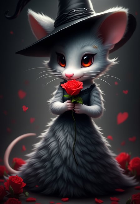 valentines day, red hearts, This adorable creature is a stunning depiction of a wild, furry mouse with red eyes. Her gray fur covers her body and highlights her fluffy cheeks and black ears. She wears a striking black dress that gives her an air of elegance and sophistication. Her sharp and visible claws hint at her wild nature. She holds a red rose in her hands which she dreamily smells. The scene is set in the dark night, with a monochrome color scheme that adds to the mystery and intrigue of the image. The witch's hat on her head adds a touch of whimsy and allure, while the Art Nouveau style in the background creates an intriguing setting. The portrait is a head shot that captures her facial expression, looking directly at the viewer with a mixture of curiosity and slyness. The side view showcases her body, emphasizing her unique features and proportions. The silhouette in the background adds depth and drama to the composition, making it a true masterpiece of digital art. Overall, this fluffy and mesmerizing creature is a beautiful fusion of wild, furry and artistic styles that perfectly embodies the essence of a monochromatic muse. ,<lora:flux/FluxDFaeTasticDetails.safetensors:0.7000000000000001:1.0>