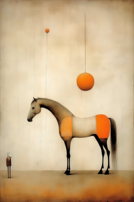 <lora:Gabriel Pacheco Style:1>Gabriel Pacheco Style - surreal painting of a horse by Gabriel Pacheco and George Stubbs, includs shades of orange color