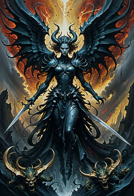 amaze the viewer with a masterful work of extreme artistry,the exacting precision of every brush stroke making the canvas come alive with awe inspiring visuals,a vengeful angel slaying demons in the abyss,the artist celebrating the triumph of a fallen goddess seeking revenge,her eyes dare the viewer to meet their gaze,otherworldly,demon infested hellscape,intricately detailed masterpiece