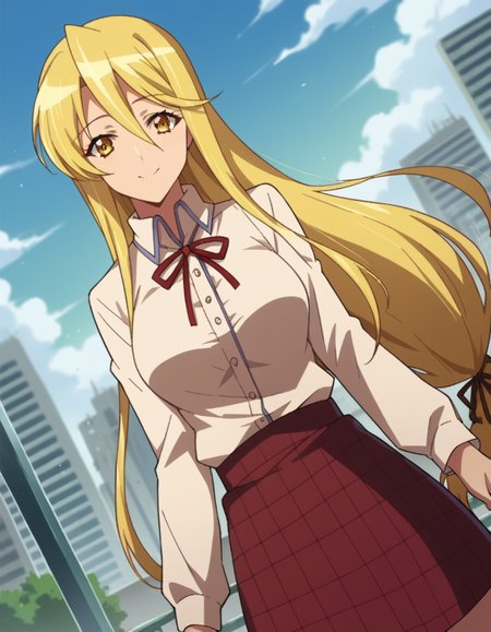 score_9, score_8_up, score_7_up, source_anime,
shizukamarikawa, <lora:shizuka-marikawa-ponyxl-lora-nochekaiser:1>,
shizuka marikawa, long hair, blonde hair, very long hair, low-tied long hair, yellow eyes, hair between eyes, smile,
skirt, shirt, long sleeves, ribbon, white shirt, frills, centered frills,
outdoors, cityscape,
looking at viewer, cowboy shot, dutch angle,