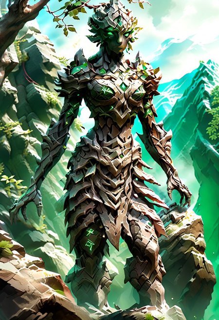 score_9, score_8_up, score_8, score_9, female stone statue, overgrown with vines, emerald eyes, glowing green gem in chest, standing in mountain pass, stone golem, full body, glowing runes on body