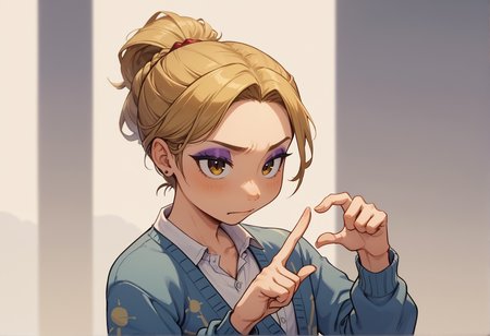 score_9, score_8_up, score_7_up BREAK 1girl, upper body, yellow half-updo, eyeshadow, cardigan, finger heart, rating_safe