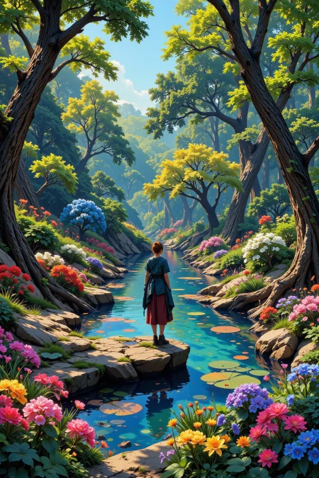 pond beautiful  landscape, day, woman, very intricate, very detailed, sharp, bright, colorful, <lora:Hand v2:0.5> <lora:Anti-Blur:1><lora:Insane Detail Slider:0.25>  <lora:flux.1_lora_flyway_Epic-detail_v2:0.3> <lora:fluxenhancer:0.25>  <lora:Anime art - Variant 1:1>
