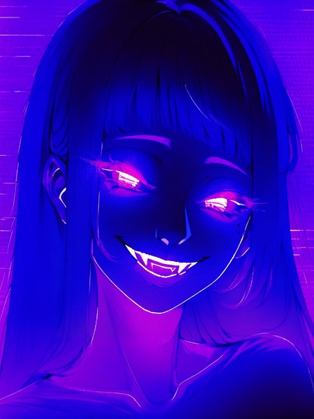 score_9, score_8_up, score_7_up, score_6_up, score_5_up,  <lora:neonXLP:1> neon, 1girl, solo, smile, bangs, portrait, looking at viewer, glitch, long hair, mole under eye, purple theme, grin