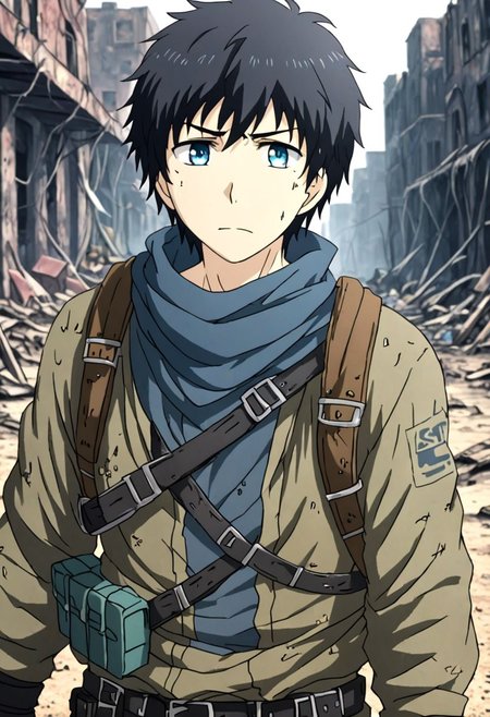 high resolution, solo, best quality, 1Boy, Arata Kaizaki, Black Hair, Blue Eyes, shallow depth of field, Post-Apocalyptic, survival, OverallDetail