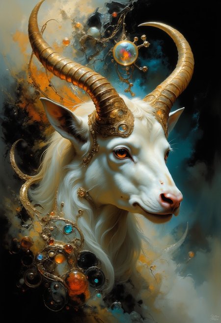 masterpiece, best quality, amazing quality, very aesthetic, absurdres,  newest, volumetric lighting, holographic colors, horns, complex horns, cute, gradient colors, multicolored eyes, milf, dark background, masterpiece, best quality, amazing quality, very aesthetic, absurdres,  newest, volumetric lighting, white sphere on the background