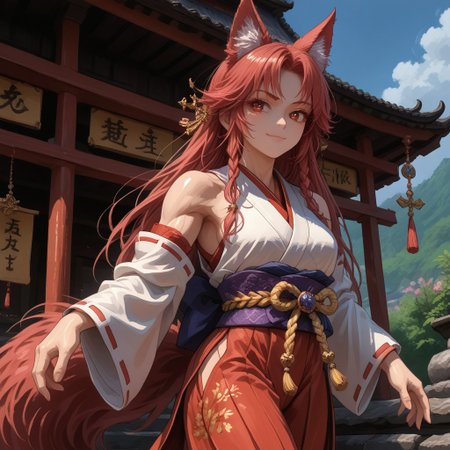 score_9, score_8_up,solo,(fox girl),dark red fur,standing proudly,cute eyes,beautiful face,shiny skin,narrow waist,((slender figure:1.3)),(huge fluffy ears:1.4,pointy),(big fluffy tail,detailed tail),jewelry,elegant adornments,((sleeveless miko clothes)),loose top,(short hakama),hip window,(abs,muscular,muscular arms),marked veins,meditation,muscular legs,inviting expression,smile,((girl focus)),(hand on upper frame),proud expression,dumb smile,closed mouth,cat mouth,(dark red eyelashes,long eyelashes),(close-up),(one leg up),(fighting stance),((imopsing figure)),
outdoors scenery,eastern medieval shrine,(,view from front)