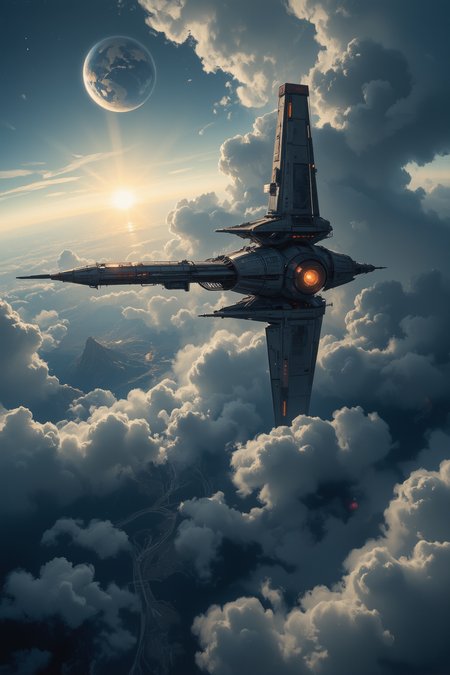 hyper photorealistic scene, a spacestation over a planet, partly shrouded in clouds, dramatic and cinematic light