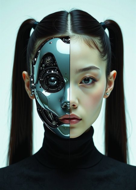 <lora:ck-Neurocore-Realistic-Cyborgs:1> in the style of ck-ncr,  split image in two halfes, one half shows a young woman, the other half shows the woman as an android cyborg with ceramic face parts, revealing full transparent glass head with mechanical parts, long, dark hair styled in two high pigtails, Sci-fi movie
(style by George Shaw),shallow depth of field, vignette, (Fujicolor Superia X-TRA 400)