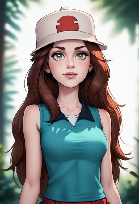 score_9, score_8_up, score_7_up, score_6_up, PRSNL_3_1, uncensored, pupils black dots, lips,
upper body, best quality, masterpiece, 4k, realistic, warm light,
LeafPony, leaf (pokemon), long hair, brown hair, brown eyes,
white headwear, porkpie hat, blue shirt, sleeveless shirt, red skirt, miniskirt, pleated skirt, wristband, black wristband, shoes, socks,