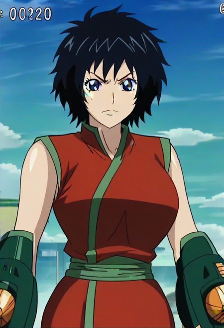 short black hair, blue eye, Scar on right cheek, red sleeveless outfit with green trim,, ,,,,,anime coloring, anime screencap , 1girl,Solo ,, anime,,PUFFY nipple,huge breasts,,, official art,,Uncensored ,Unedited ,,,, ,, ,, , ,,, ,, , ,,,