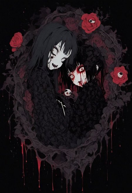 japanese line art    , two woman intertwined on a bed, floral patterns, roses, linen , (bloody face, dripping blood:1.2) , dripping blood, skeletal figures, gore, (aged black background:1.2) ,  weathered canvas and brushstroke  , (intricate eyeball  pattern background:1) , ,  bad  quality , low res,  , in the style of  takato yamamoto   unfinished, ugly, <lora:takma2:1.2>
goth,