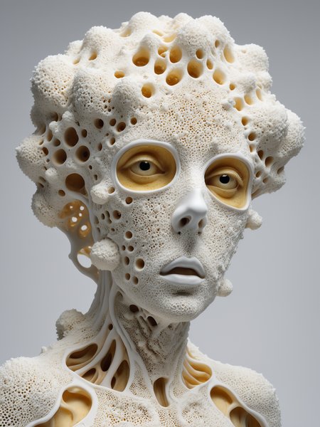 Raw photo, 8k uhd, dslr, soft lighting, high quality, film grain, Fujifilm XT3,
RAW distant satellite photo of a sculpture of a sponge organism resembling a ((synthetic hollow cyborg pixie)), skinless face, perforated marble porcelain, (people inside), breathtaking, dynamic pose, ((white background)), (sharp focus, hyper detailed, highly intricate), natural lighting,
<lora:xl_more_art-full_v1:1>