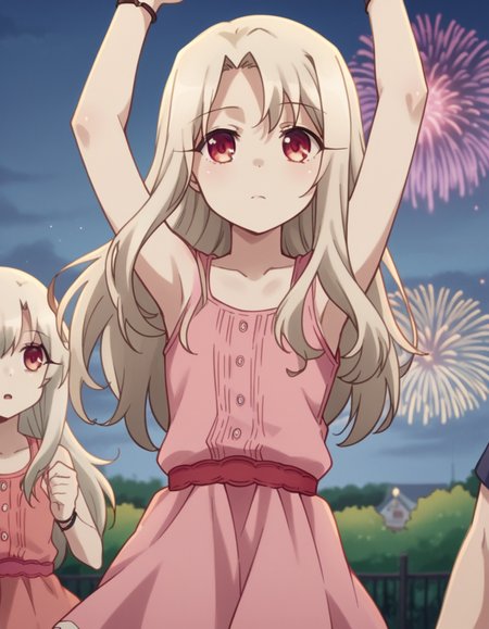 score_9, score_8_up, score_7_up, source_anime, <lora:illyasviel-von-einzbern-prisma-s2s3-ponyxl-lora-nochekaiser:1>,, illyasviel von einzbern, long hair, blonde hair, red eyes, parted bangs,, dress, collarbone, sleeveless, sleeveless dress, pink dress,, festival, fireworks, summer night, food stall, traditional, arms up,, , , arm holding an object, solo,, cowboy shot, dutch angle