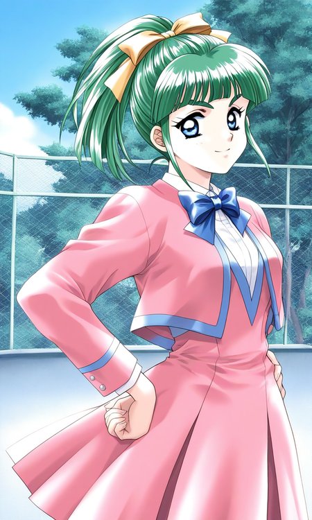 general,highres, ultra-detailed,very aesthetic,best quality ,best hands, BREAK <lora:Iijima_Miyuki_kakyuusei_Ver2.0_IS:1>
Iijima_Miyuki(kakyuusei), 1girl, solo, green hair, high ponytail, bangs, short hair, blue eyes, hair ribbon,Yellow ribbon, breasts, smile, 
school uniform, tree, pink skirt, fence, pink blazer, pink jacket, goard skirt, blue line jacket,
hands on own hip,
long sleeves, chain-link fence, 
 outdoors, bowtie, blue bow,