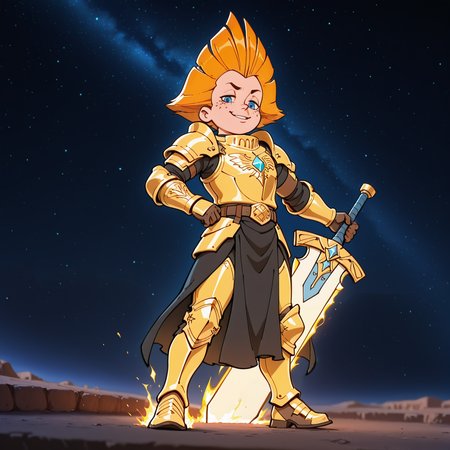 <lora:Neznajka:1.0>, 1 boy, solo,  rich colors, badass boy, <lora:princess_xl_v2:0.6>, Neznajka, <lora:aidmaMJ6.1_v0.5_IL:0.6>, strong, paladin armor, blue eyes,  , (young:0.9), detailed backgroung,paladin,dark fantasy, dynamic, best quality, amazing quality, very aesthetic, absurdres, newest, depth of field, separate focus, dynamic angle, dynamic composition, masterpiece, highres, 4k, intricate details,three quarter view,  face focus,  powerful, paladin clothes, holy, smug, holy magic, holy armor, full body,  glowing armor, holy sword, holy shield, holy aura, arrogant look, sword close to viewer, sword on foreground, BREAK, dark, night, pitch darkness,  <lora:Space_cosmos_background:0.7>, SPACE, STARS