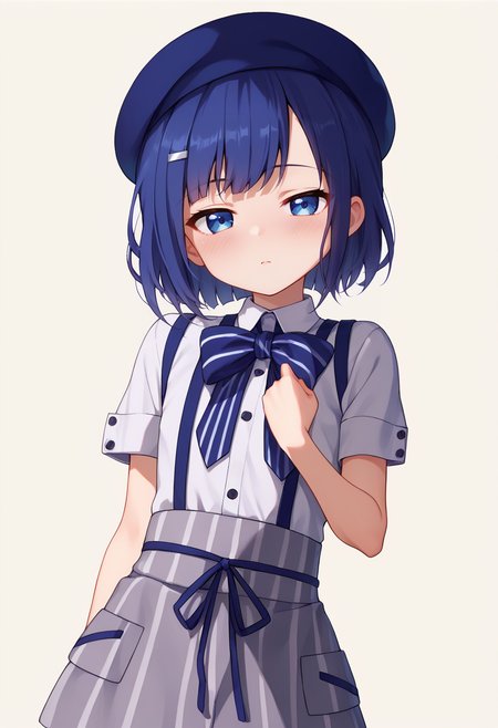 score_9, score_8_up, score_7_up, score_6_up, score_5_up, score_4_up, masterpiece, source_anime BREAK 1girl, ct-fuyu, flat chest, blue hair, short hair, blue eyes, hairclip, blue beret, white collared shirt, short sleeves, striped bow, suspender skirt, beige background, simple background, looking at viewer, blush, upper body, half-closed eyes, <lora:Fuiba_Fuyu_PONY_c:1>