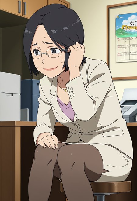 1girl,solo,mm,mature female,short hair,black hair,black eyes,glasses,anime coloring,
formal,jacket,pencil skirt, shirt,pantyhose, stool,sitting,hand in own hair,nervous smile, office,hand on own knee
,masterpiece,best quality,amazing quality,<lora:Masami_Onozawa-Tokyo_Magnitude_8.0_IL:0.8>