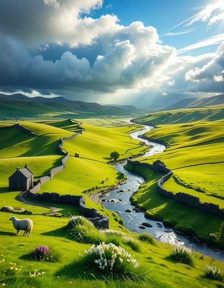 A breathtaking, high-resolution photograph of the rolling plains of Ireland, stretching endlessly under a vast, cloud-streaked sky. The landscape is a lush, vibrant green, with gentle hills covered in soft grass and dotted with scattered wildflowers. Ancient stone walls and winding dirt paths cut through the fields, marking old farmland boundaries. In the distance, a few solitary sheep graze peacefully, their white wool contrasting against the emerald grass. A small, clear river meanders through the valley, reflecting the soft light of the sky. The horizon is framed by low, misty mountains, adding depth and mystery to the scene. Above, the sky is a mix of bright blue and fluffy white clouds, casting dynamic shadows across the landscape as beams of sunlight break through. The atmosphere is serene, timeless, and rich with the natural beauty of the Irish countryside.
<lora:SDXLFaeTastic2400:0.4> <lora:extremely_detailed:0.4> extremely detailed, <lora:rolling_plains_of_1r3l4nd:1>,rolling plains of 1r3l4nd, Masterpiece,best quality,hi res,8k,hi res,8k,award winning,(sharp focus, intricate, highly detailed),