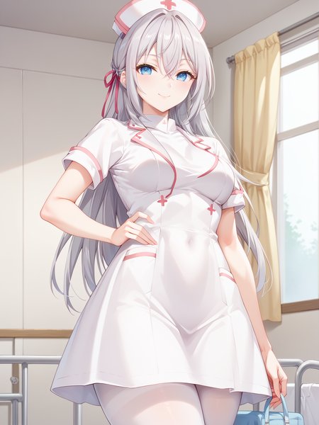 ((score_9)), ((score_8))
health clinic,  smile, looking at viewer, cowboy shot, closed mouth, standing, pose, indoors, 
<lora:add-detail-xl:1>
  alyav4, 1girl, long hair, grey hair, blue eyes, ribbon, hair ribbon,  hair between eyes, 
 <lora:Alya-sanV3-04:0.9> 
 <lora:nurse_pony_V1.0:1> nurse, white dress, nurse cap, white pantyhose,