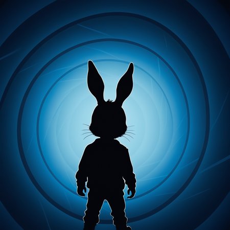 <lora:add-detail-xl:1>
<lora:detailed:0.3>
<lora:perfection style:0.3>
<lora:xl_more_art-full_v1:0.3>
 <lora:Donnie Darko film style:1>
a illustration of a rabbit with white eyes standing in a spiral tunnel with a blue background,solo,1boy,hat,monochrome,male focus,blue background,blue theme,silhouette , cinematic, film, Donnie Darko film style