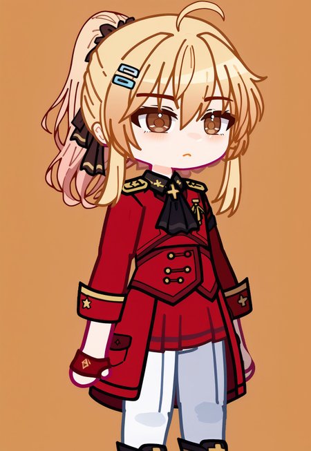 score_9, score_8_up, score_7_up, score_6_up,1girl, solo,  liscia, blonde hair, low ponytail, brown eyes, hairclip, hair bow, black ascot, red coat, epaulettes, long sleeves, military uniform, red skirt, white pants, gacha, chibi, half body