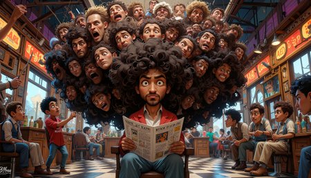 A surreal and comical scene of a man with an impossibly massive, gravity-defying Afro hairstyle sitting in a barbershop chair, rendered in a hyper-detailed, cartoonish style reminiscent of Ralph Steadman's illustrations. The Afro dominates the frame, extending beyond the edges in all directions, with intricate curls and coils visible in extreme close-up. Multiple exasperated barbers, their faces contorted in comical frustration, surround the chair wielding an array of oversized scissors, electric clippers, and even chainsaws. The barbers are captured mid-action, some precariously balanced on stepladders, others swinging from ceiling-mounted ropes to reach the uppermost regions of the Afro. Stray hair clippings float throughout the air, catching light and creating a hazy atmosphere. The barbershop interior features vintage details likeCheckerboard floor tiles, ornate mirrors, and neon signs, all warped and distorted by the sheer volume of hair. The seated man appears completely calm and oblivious to the chaos around him, reading a newspaper with only his hands visible beneath the colossal hair mass. Lighting is dramatic, with strong highlights and shadows emphasizing the texture of the Afro and the frantic expressions of the barbers.