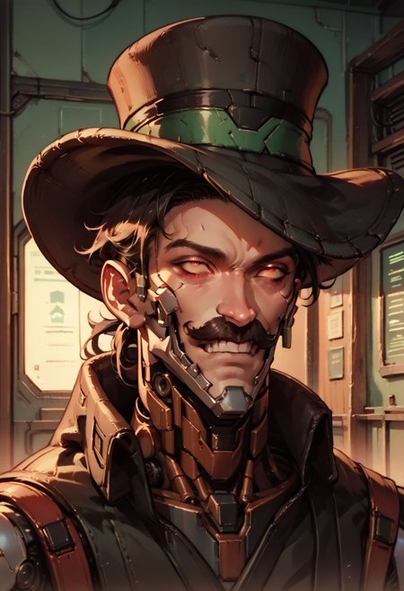 score_9, score_8_up, score_7_up, score_6_up, score_5_up, score_4_up, source_anime,solo,cybernetic enhancements,tubes,moustache,top hat,1boy,henchmann,portrait,cropped,indoors,cyberpunk edgerunners