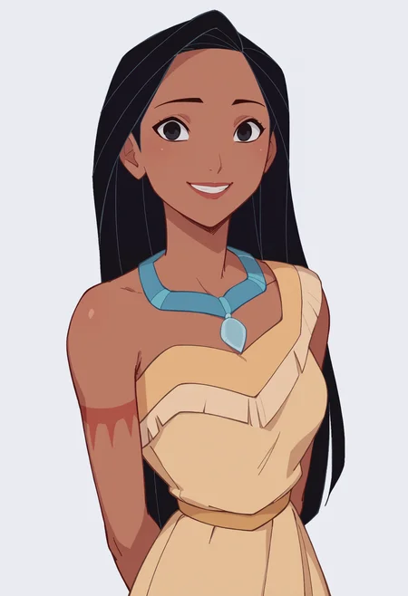 score_9, score_8_up, score_7_up, score_6_up, score_5_up, score_4_up, BREAK, source_anime,
1girl, pocahontas, black hair, long hair, black eyes, dark skin, necklace, dress,
hands behind back, smile, upper body, looking at viewer, solo, simple background, white background  <lora:PocahontasXLv3:1>