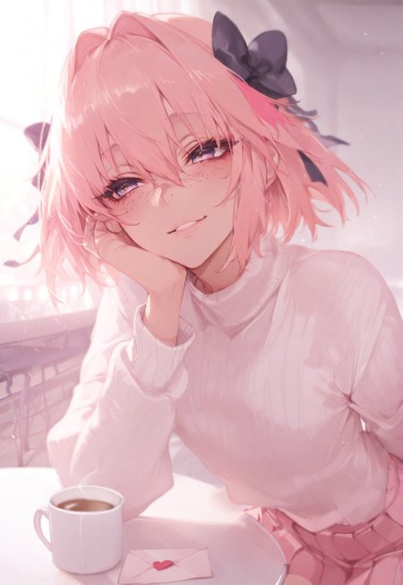 safe_pos, masterpiece, best quality, amazing quality, very aesthetic, absurdres, newest, volumetric lighting, holographic colors, cute, gradient colors, 4k, hd, ultra detailed, sfw, usnr, gbf_style, 748cmstyle, ambient occlusion, raytracing, soft lighting, bloom effect, absolutely eye-catching, intricate cinematic background, (beautiful face), 
BREAK 
,
photo realistic, very aesthetic, scenery, 
BREAK
,
1boy, astolfo_korashime_hon, astolfo (saber) (fate), otoko no ko, astolfo (fate), multicolored hair, streaked hair, hair intakes, hair between eyes, pink hair, hair bow, femboy, male, crossdressing,
(clean, pristine, fresh, perfect, brand new, cute, cute face, toned, pretty boy, freckles,), 
(detailed eyes, reflective eyes, eyeliner, ), pale,
Pleated pink skirt, cozy ribbed white sweater,
BREAK 
,
Smiling, happy, blushing, flustered, shy, awkward smile, hand on own cheek, holding love letter, heart on letter, looking at viewer, eye contact, 
BREAK 
,
Cafe background, table, steamy mug, sunlight though window, sunlight, cafe, 
dynamic angle, intricate light, 