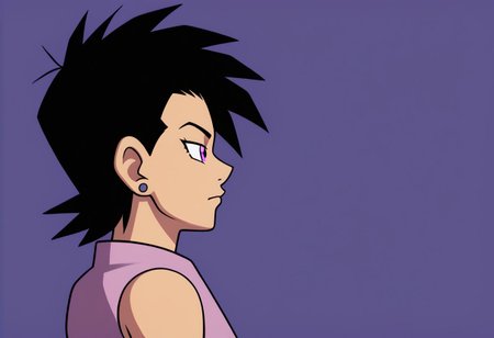 ((flat colour)), 1girl, solo, short hair, black hair, pink eyes, from side, earrings, scouter, saiyan armor, pink leotard, sleeveless, white gloves,