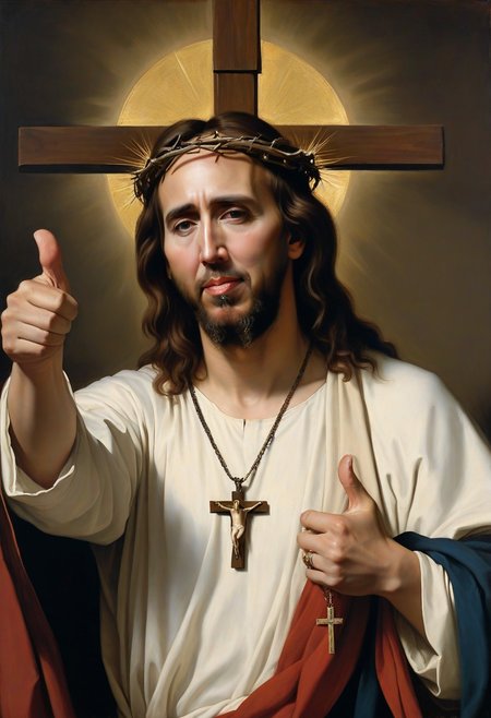 Painting of (Nicholas Cage:1.4) as Jesus by crvgg, Christian art, painting in the style of da Vinci, Caravaggio, Remnant, Christian symbolism, highly detailed, giving a thumbs up, halo, crucifix Necklace,