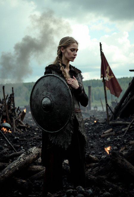 A portrait of a Viking shieldmaiden standing amidst the ruins of a once-great village, now reduced to ashes and rubble.  Her armor is scorched, and her braids are singed. The background is filled with the remnants of smoldering buildings, with the sky above heavy with dark, swirling clouds.Scorched wooden beams from collapsed structures protrude from the rubble, blackened and twisted by fire.Thin tendrils of smoke rise from smoldering piles of ash and debris, adding a sense of recent destruction.The skeletal remains of a Viking longhouse stand in the background, with its roof caved in and walls partially collapsed.Shredded Viking banners hang limply from broken poles, their once-proud symbols now faded and torn.
Standing with one hand over her heart, eyes closed in silent remembrance of those lost in the destruction.
