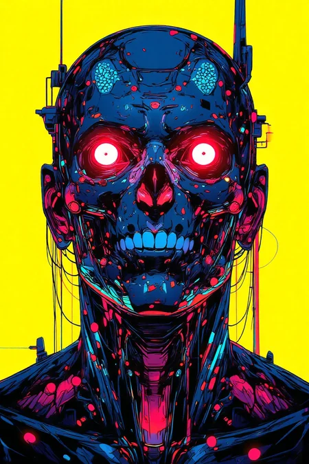 A hyper-realistic, detailed anime illustration in **niji_flux**, **anime**, and **cyberpunk** style, featuring a straight low-angle close-up of a figure wearing a skull mask with glowing red eyes, looking ominously down at the viewer. The skull and skin are composed of intricate neon multicolored dots and lines, with five vibrant color variants: neon blue, neon pink, neon green, neon purple, and neon orange, each carefully detailed to form the texture of the skull. The dots and lines are meticulously arranged, creating a mesmerizing digital pattern across the skull’s surface, glowing brightly with a futuristic feel. The background is a plain, solid yellow, which contrasts sharply with the neon details of the figure, enhancing the intense cyberpunk atmosphere. The shot is taken using a **Sony Alpha 7R IV** with a 35mm f/1.8 lens, capturing the close-up from a low angle to emphasize the intimidating presence of the figure. The 4K high-resolution image is a masterpiece of cyberpunk art, blending eerie and futuristic elements.