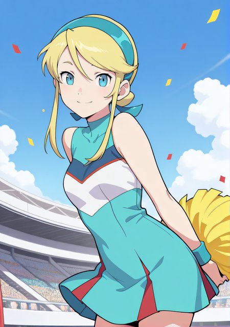 masterpiece, best quality, highres, newest, 1girl, solo, official style, <lora:IL_Lina_Davis:1>, lina, blonde hair, blue eyes, cheerleader, yellow pom pom, smile, outdoor, looking at viewer, smile, scenary, confetti, cowboy shot, centered image