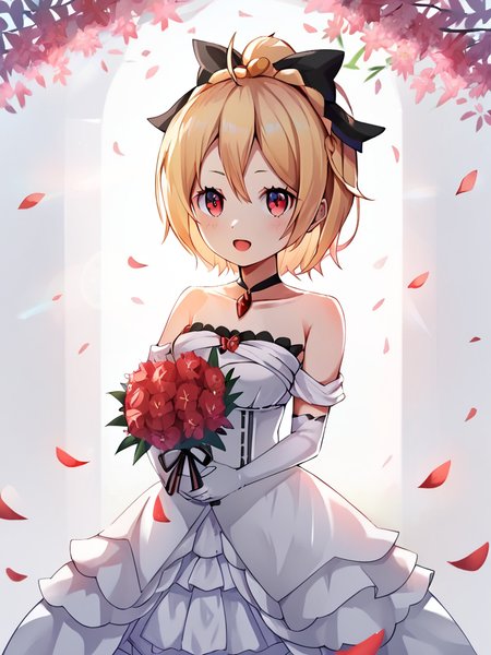 score_9,score_8_up,score_7_up,<lora:felt_(re_zero):0.8>,elbow_gloves, frilled_skirt, open_mouth, holding_bouquet, highres, cherry_blossoms, strapless_dress, felt_\(re:zero\), white_gloves, looking_at_viewer, red_flower, solo, collarbone, own_hands_together, :d, white_background, backlighting, black_bow, bare_shoulders, frilled_dress, hair_bow, wedding_dress, commentary_request, 1girl, petals, simple_background, blush, medium_breasts, cowboy_shot