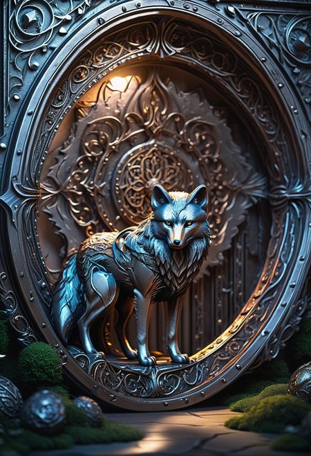 intricate details, masterpiece, best quality, dramatic lighting, the iron fox, ethereal background enhancing spatial depth, ultra-detailed, high quality, visually stunning, scintillating ambiance.
