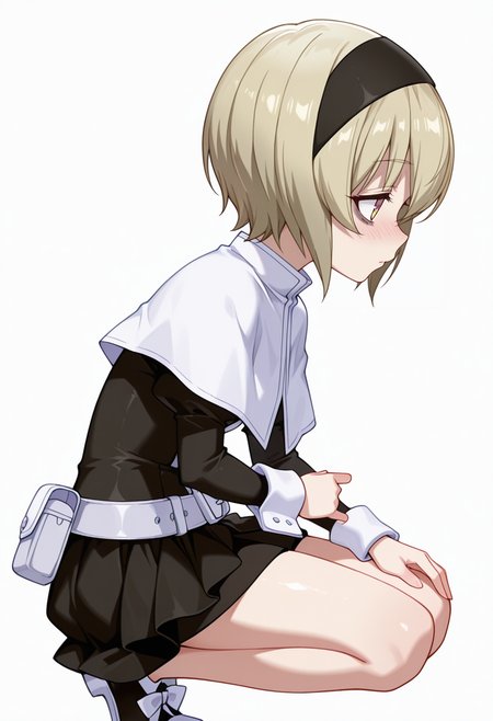 Smooth Quality,masterpiece,very intricate, high quality details, ultra realistic, high detailed skin,detailed enviorement,absurdres,
pinky out,
 <lora:Pekora_CNR:0.8> pekora_cnr, 1girl, blonde hair, short hair, bangs, yellow eyes, multicolored eyes, shiny hair black hairband,bags under eyes,pekora_def_cnr, black dress, white capelet, black skirt,white belt, long sleeves, shoes, pouch,, traumatized,, simple background, white background, from side,solo,