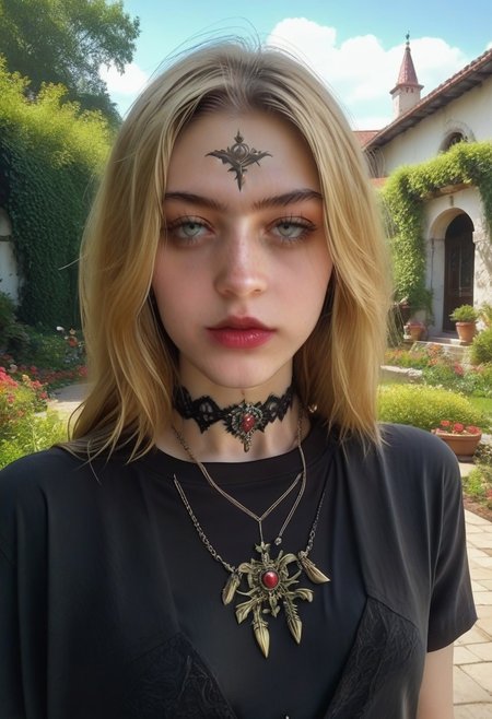 score_9, score_8_up, score_7_up, andrea, solo, 1girl, (tight shirt), braless, breasts apart, small breasts, garden, outdoors, choker 
bela, 1girl,  blonde hair, , jewelry, long hair, necklace, , looking at viewer
Goth girl