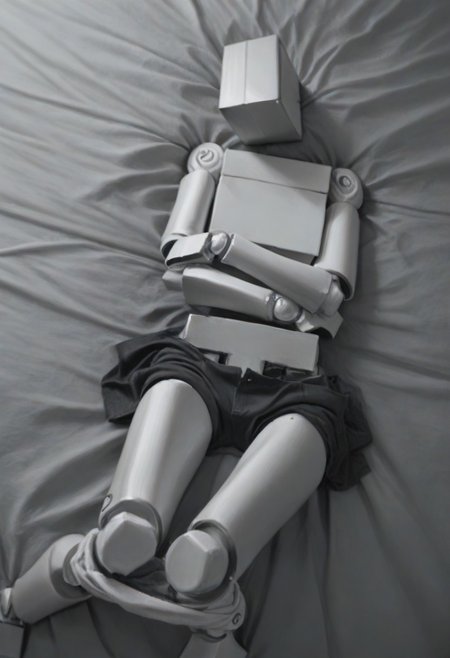 score_9, score_8_up, score_7_up, score_6_up,  highly detailed, realistic, cyberpunk,  BoxPerson, monochrome, greyscale, no humans, robot, mecha, humanoid robot, undressing, clothes lying around