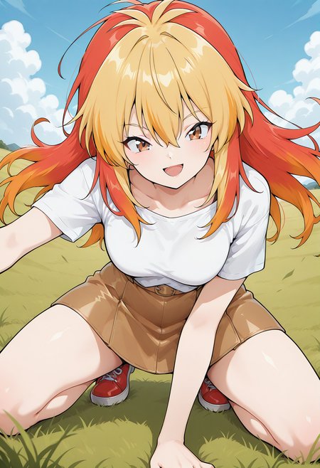 zakennjya_neeyo, brown eyes, (two-tone hair, multicolored hair, blonde hair, yellow hair:1.2), red hair, long hair, white shirt, short sleeves, skirt, <lora:zakennjya_neeyo_illustrious_ver2:1> 
smile, open mouth,, masterpiece, best quality, sensitive,, 1girl, solo, blue sky, (grasslands:1.2), looking at viewer,, (dynamic pose:1.4),