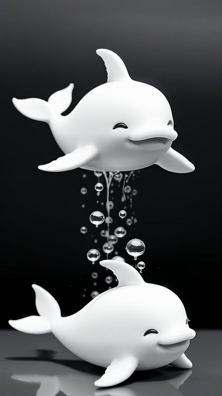 <lora:3DPrintingXL:1>,whitemold,3d printed mold,art style,greyscale,monochrome, Cheerful little whale with rounded body and tiny fins, its face full of joy as it "spouts" little water droplets, bringing a magical touch to any room.