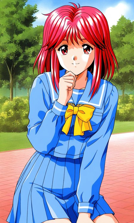 general,highres, ultra-detailed,very aesthetic,best quality ,best hands, BREAK <lora:Asahina_Yuko_Tokimeki_Memorial_IS:1>
Asahina_Yuko(Tokimeki_Memorial), 1girl, solo, red hair, medium hair, red eyes, bangs, sidelocks, breasts, 
school uniform, blue serafuku, blue skirt, Yellow bow, sailor collar, blue sailor collar, smile, long sleeves, pleated skirt, hand on own chin, 
outdoor, tree, sky,