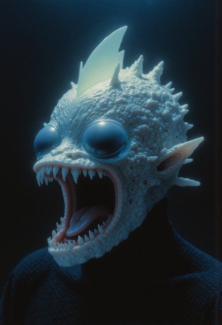 In the depths of a pitch-black ocean, a grotesque and nightmarish fish emerges, its monstrous features illuminated by the eerie, cold-blue bioluminescence of a glowing lure protruding from its head. The creature's translucent, pale-green skin reveals faint outlines of bones and organs, adding to its ghastly appearance. Its massive, gaping mouth is filled with long, needle-sharp teeth, curving inward like a deadly trap, ready to ensnare any prey that ventures too close. Bulbous, jet-black eyes dominate its head, reflecting no light and evoking an unsettling sense of emptiness. The fins, ragged and membranous, extend outward like torn shrouds, drifting ominously in the invisible currents of the abyss. The infinite darkness surrounding the creature amplifies its terrifying presence, capturing the raw, predatory horror of this hyper-realistic underwater monstrosity. <lora:lith_mimosa_kiel_grw134_FLUX.safetensors:0.7>,  <lora:mooniverse_by_araminta_k.safetensors:1.0>,  <lora:Fluxartis 28.11A.safetensors:1.0>,  <lora:VividlySurrealV2.safetensors:0.6>,  <lora:VividMidjourneymimic-Flux_v1.0.safetensors:0.3>,