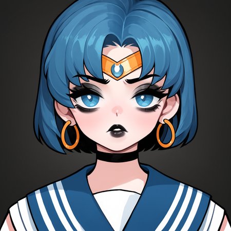 score_9, score_8_up, score_7_up, score_6_up, score_5_up, score_4_up,
BREAK
sailor mercury, blue hair, short hair, blue eyes, circlet, black eyeshadow, black eyeliner, long eyelashes, black choker, black lips, thick lips, pout, half-closed eyes, hoop earrings, bags under eyes, looking at viewer,
BREAK
solo, portrait, blue serafuku, blue sailor collar,
BREAK
black background, simple background, angled shot, <lora:Lunas-Rabbit-SDXL-A1:1>