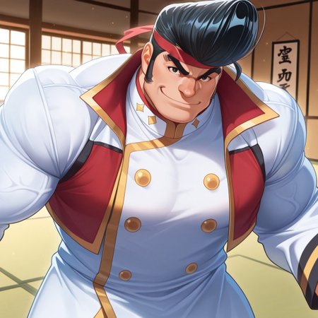 safe_pos, safe_pos, source_anime, detailed background, (score_9, score_8_up, score_7_up), zoroj, masterpiece, best quality, high quality, ultra detailed, highly detailed, high detail, artistic lighting, (highly detailed face, (perfect face, perfect eyes)), depth of field, perfect soft lighting, best shadows, perfect reflections, volumetric, detailed image, high resolution, defined faces, sharp definition,

solo, 1boy, male focus, Gong Strong, black eyes, black hair, pompadour, sideburns, red headband, white jacket with long sleeves, buttoned white coat with gold trim, white pants, short red vest with gold trim, high collar, musclebears, muscular male, bara, hyper muscles, veiny muscles,

dojo, tatami mat, cowboy shot, standing, looking at viewer, smile,