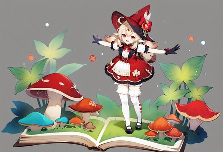 grey background, masterpiece, best quality, <lora:GachamiHoYoXL_ANI31_lokr_V42310:0.95> 1girl, solo, hat, klee \(genshin impact\), witch hat, gloves, twintails, thighhighs, red headwear, bow, ahoge, black footwear, book, smile, pointy ears, shoes, short sleeves, mushroom, open mouth, long hair, full body, outstretched arms, :d, white thighhighs, low twintails, black gloves, red eyes, spread arms, official alternate costume, hair between eyes, dress, bloomers, frills, mary janes, bowtie, sidelocks, puffy sleeves, light brown hair, red bow, blonde hair, vision \(genshin impact\), puffy short sleeves, standing, bag