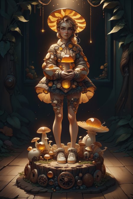 breathtaking 1girl, full shot, full body, <lora:ral-mushroomz:1> mushroomz <lora:citrine-style-darquelilly-v1:1> citrinegemstyle, masterpiece, award-winning, professional, highly detailed, low key lighting, chiaroscuro lighting