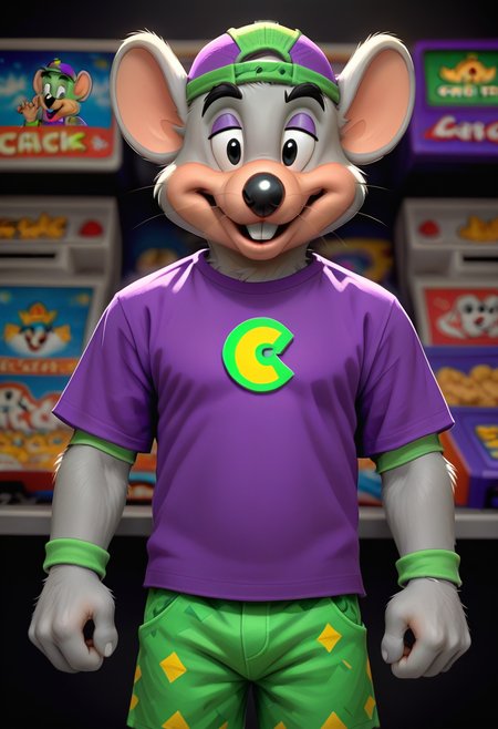 score_9, score_8_up, score_8,   <lora:Charles_Entertainment_Cheese_Avenger_Chuck_E._Cheese_for_PonyXL:0.7> furry, 1boy, chuck3chee3e, mouse boy, male focus, hat, solo, buck teeth, black eyes, backwards hat, purple shirt, green shorts, arcade